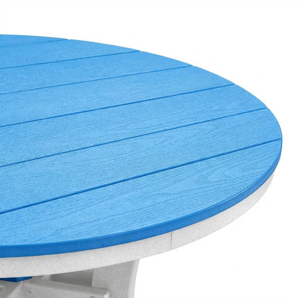 Blue Polyethylene Outdoor Dining Table With White Base, 44-Inch Round Design. Picture 5