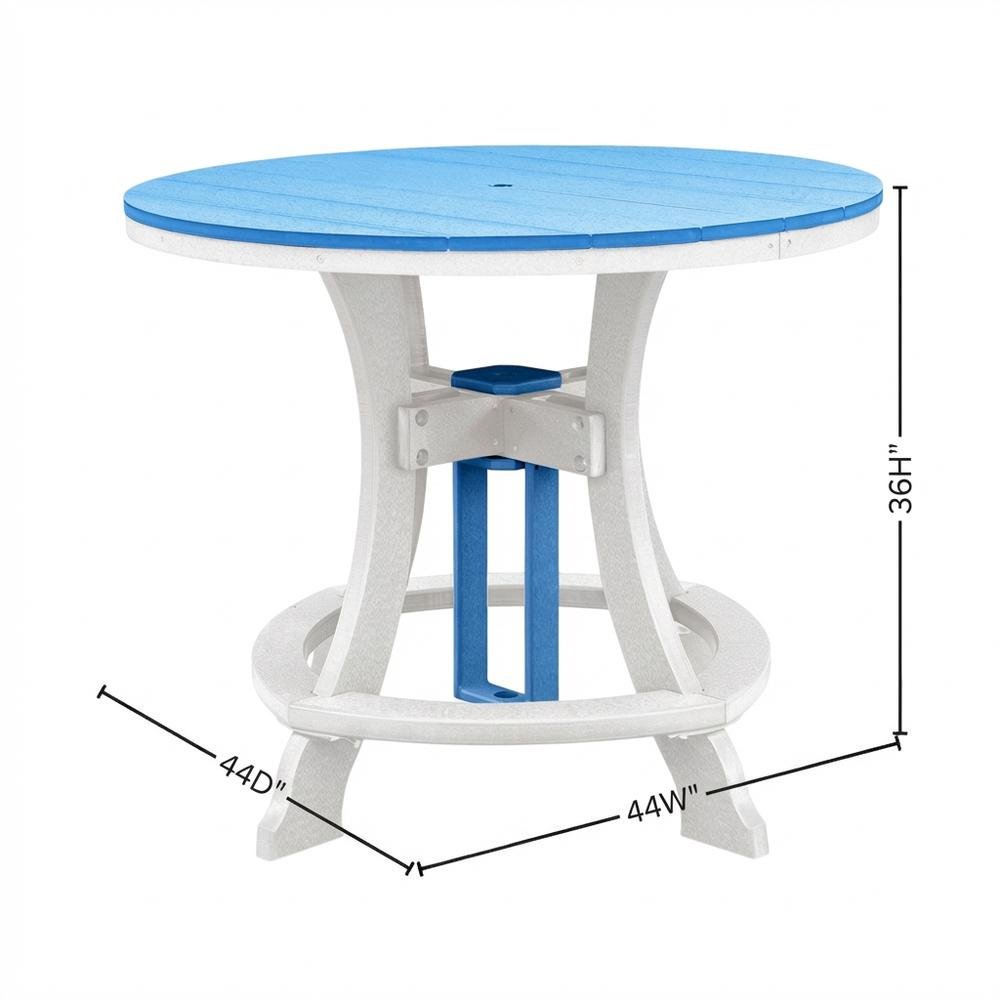 Blue Polyethylene Outdoor Dining Table With White Base, 44-Inch Round Design. Picture 7