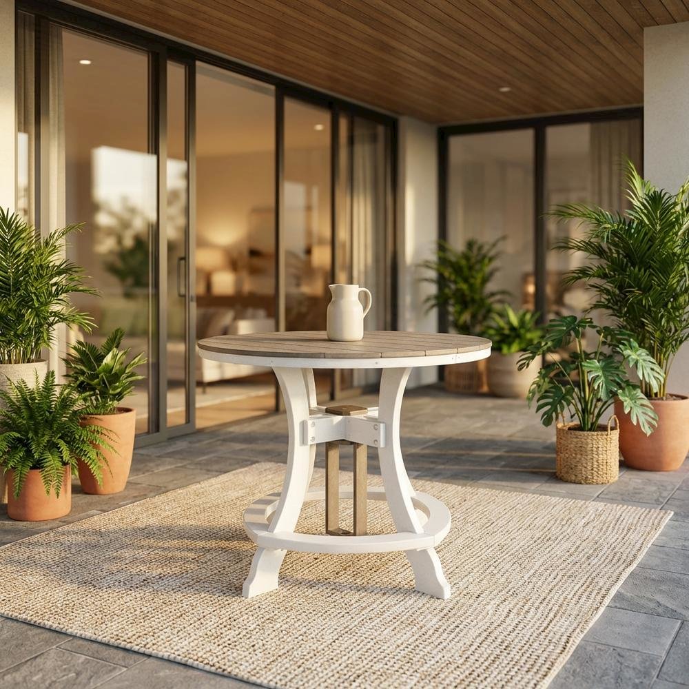 White Finish Counter Height Round Table With White Base For Outdoor Dining. Picture 2