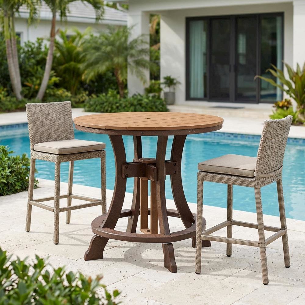 Round Counter Height Dining Table In Cedar With Tudor Brown Finish, Outdoor Use. Picture 3