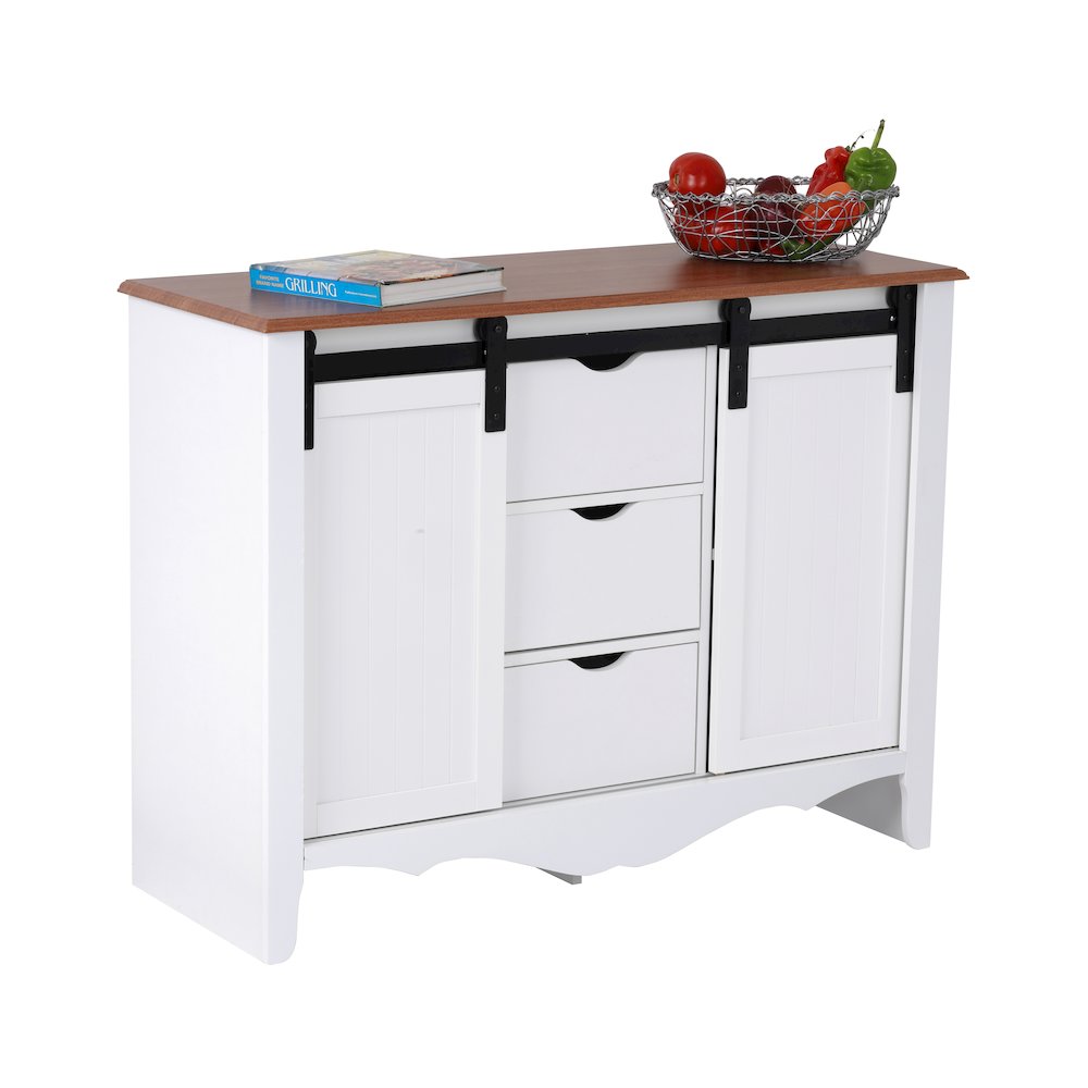 Countryside Barn Door Buffet with Two Sliding Barn Doors and Three Drawers. Picture 1