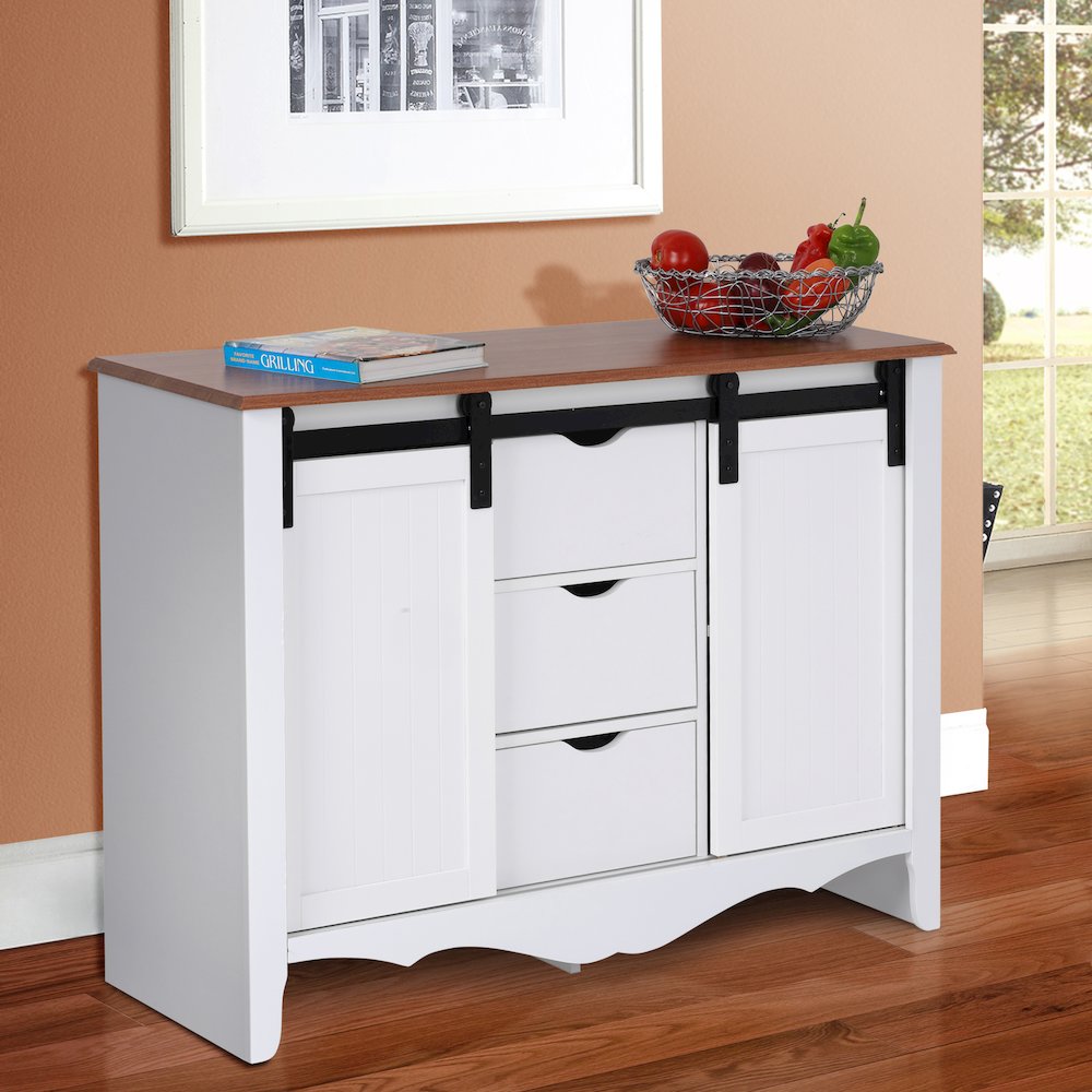 Countryside Barn Door Buffet with Two Sliding Barn Doors and Three Drawers. Picture 5