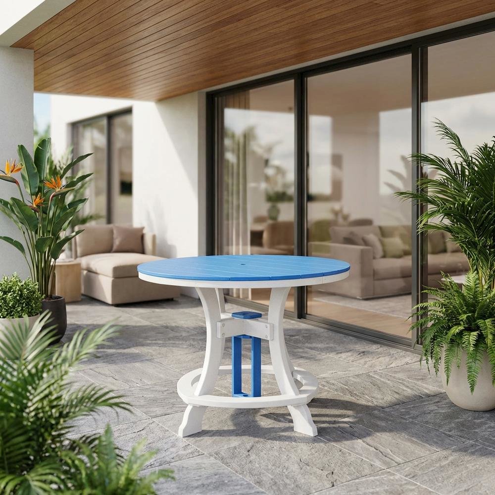 Blue Polyethylene Outdoor Dining Table With White Base, 44-Inch Round Design. Picture 2