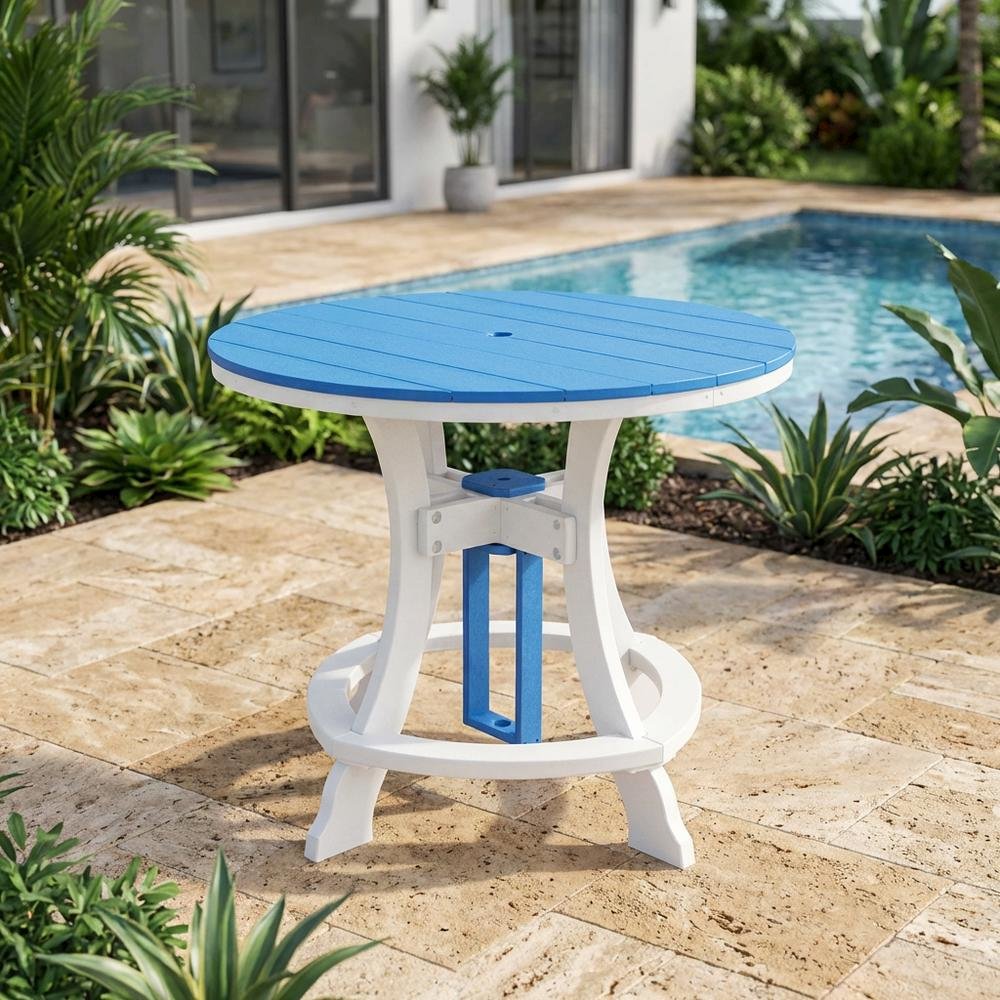 Blue Polyethylene Outdoor Dining Table With White Base, 44-Inch Round Design. Picture 3