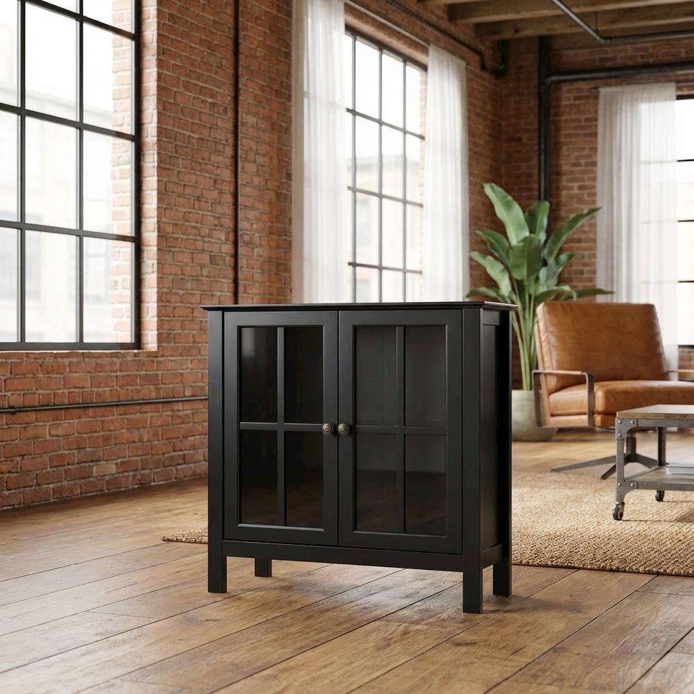 Black Glass Door Accent Cabinet with Display Storage and Fiberboard Construction. Picture 4