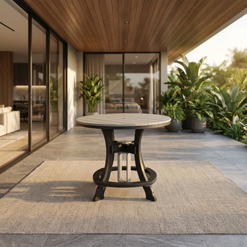 Light Gray Counter Height Round Table With Black Base For Outdoor Dining. Picture 2