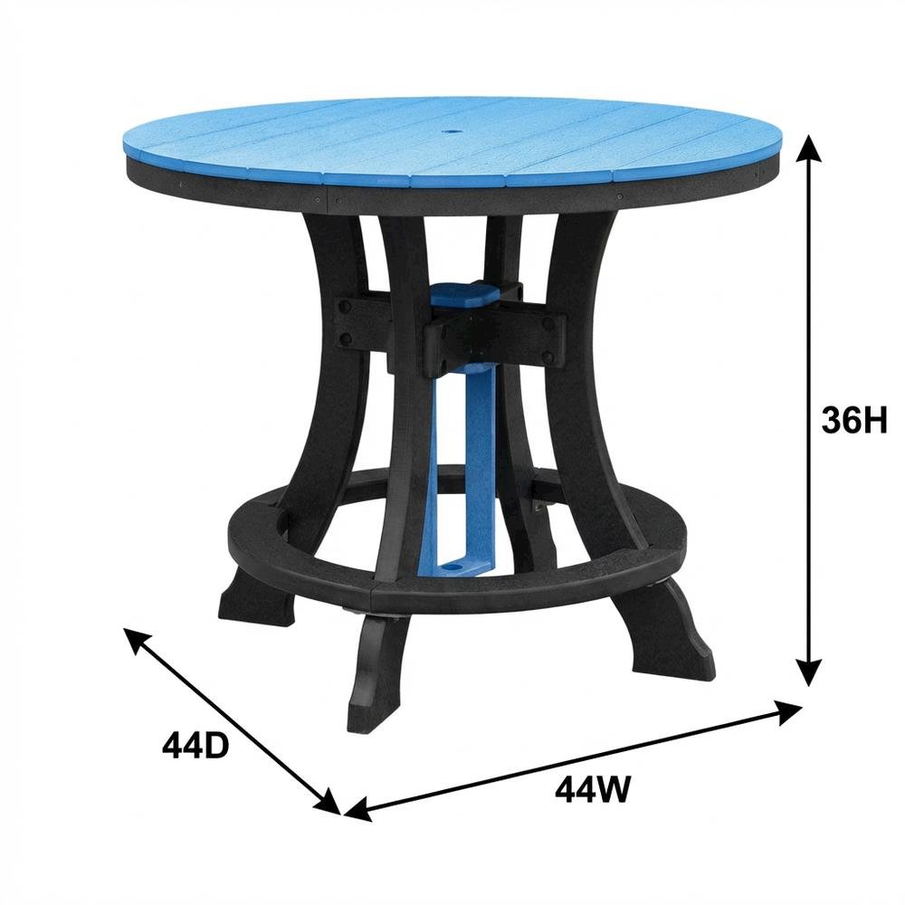 Blue Round Outdoor Dining Table With Black Base, 44-Inch Diameter. Picture 7