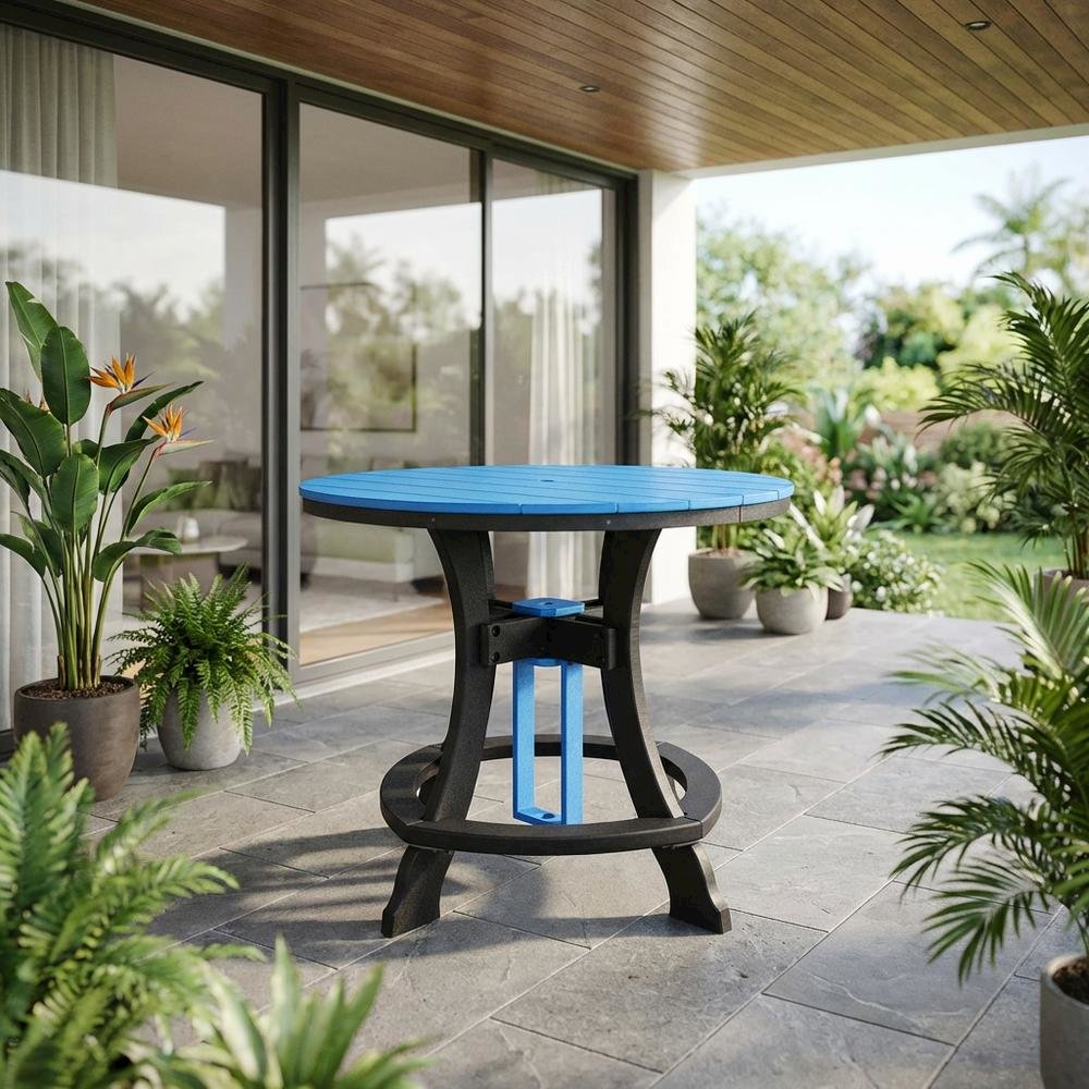 Blue Round Outdoor Dining Table With Black Base, 44-Inch Diameter. Picture 2