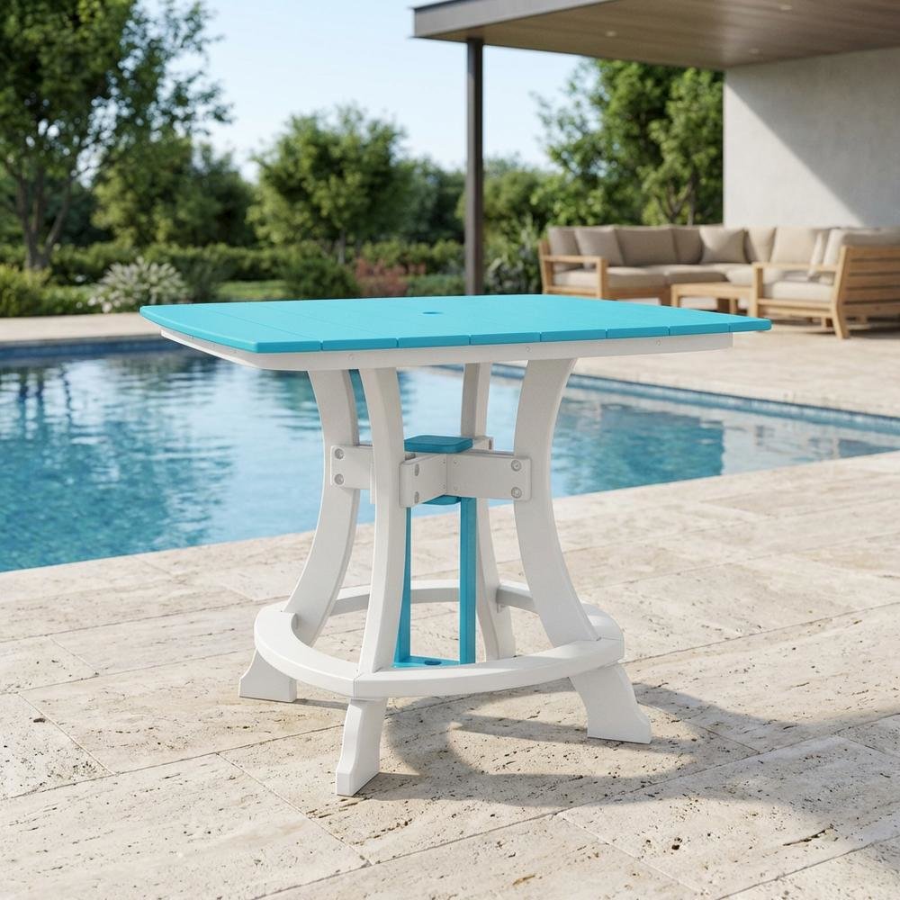 Square Outdoor Dining Table In Aruba Blue With White Base, Polyethylene Material. Picture 3