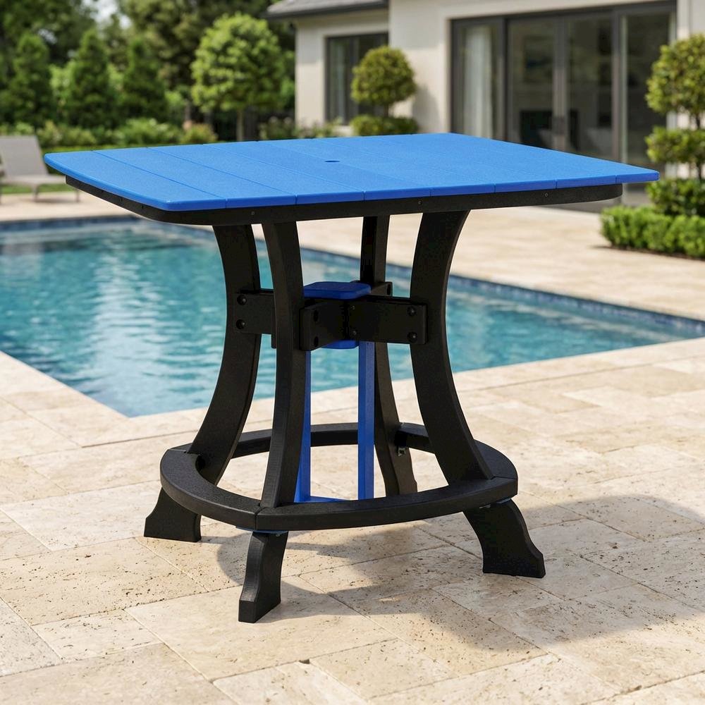 Blue Outdoor Square Dining Table, Black Base, Polyethylene Construction. Picture 3
