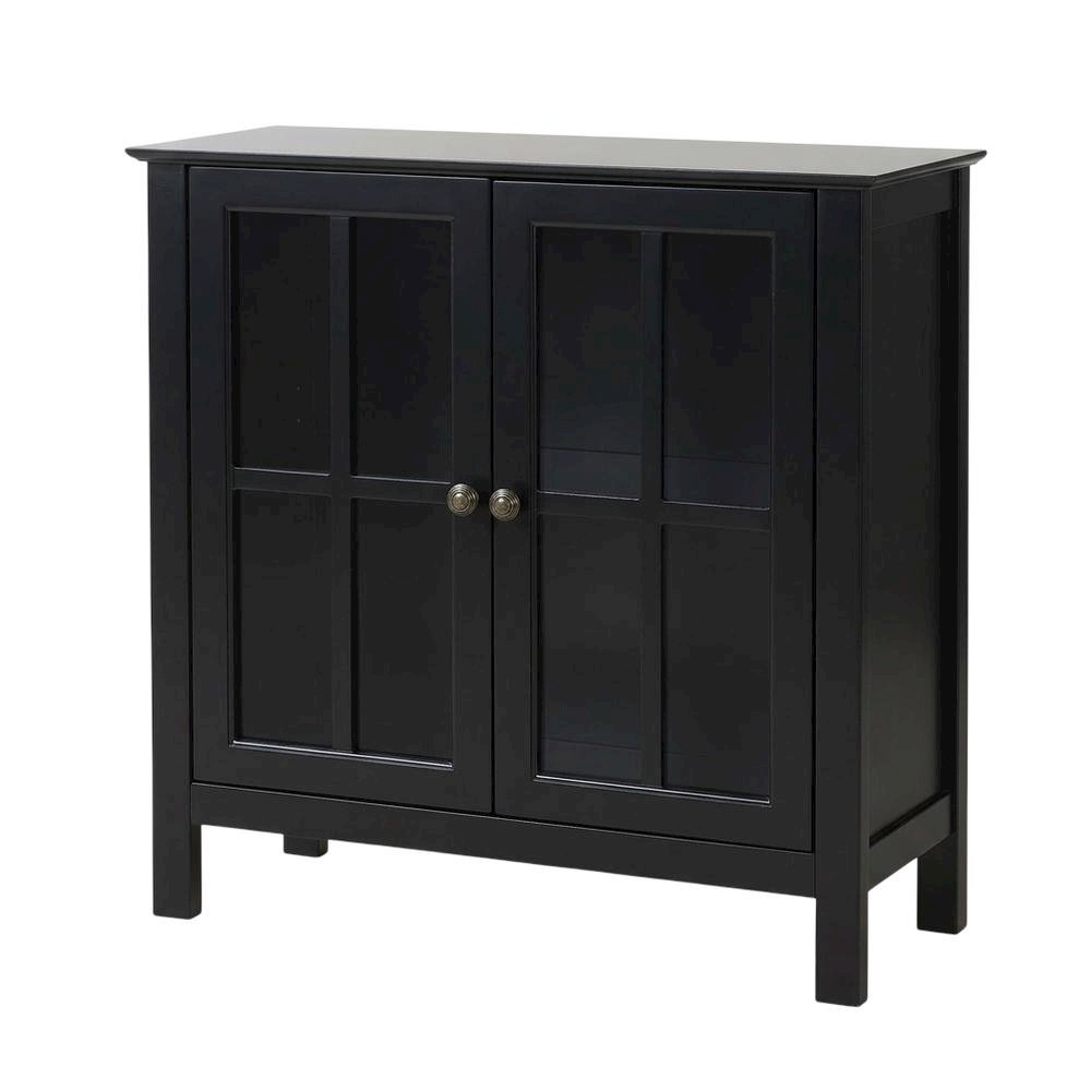 Black Glass Door Accent Cabinet with Display Storage and Fiberboard Construction. Picture 1