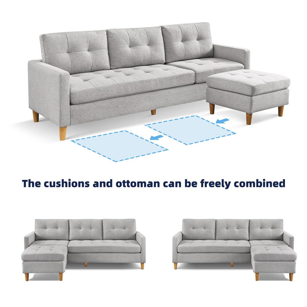 Two Piece Upholstered Tufted L Shaped Sectional with Ottoman in Light Grey. Picture 3