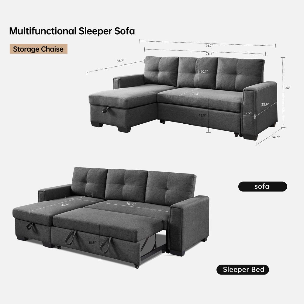 Tufted Sectional Chaise Sofa Sleeper with Storage in Dark Grey. Picture 2