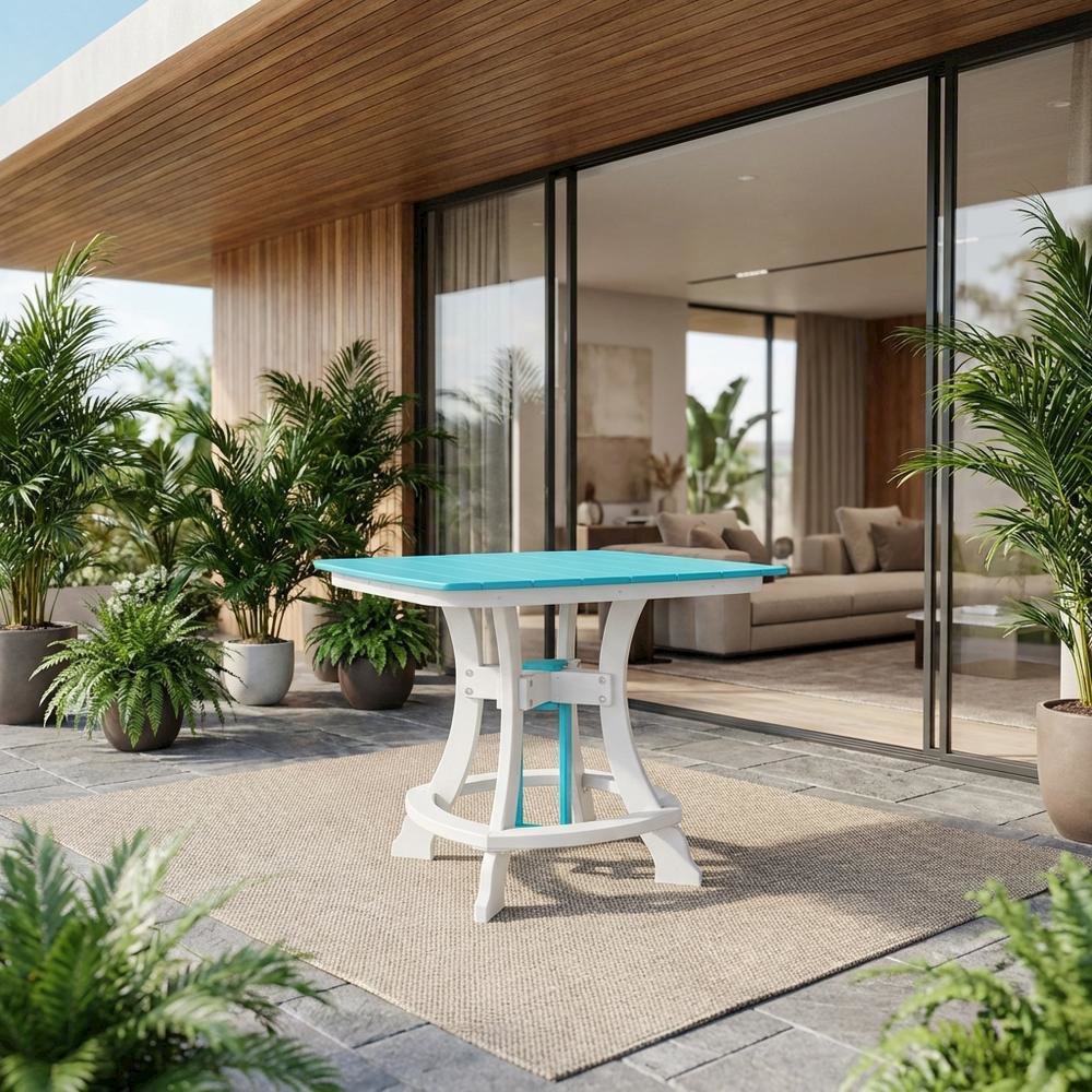 Square Outdoor Dining Table In Aruba Blue With White Base, Polyethylene Material. Picture 2