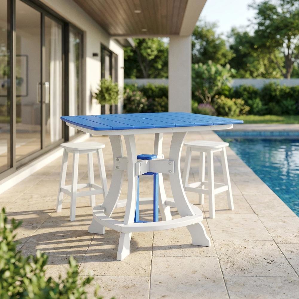 Blue Outdoor Counter Height Square Table, White Base, Polyethylene Construction. Picture 3