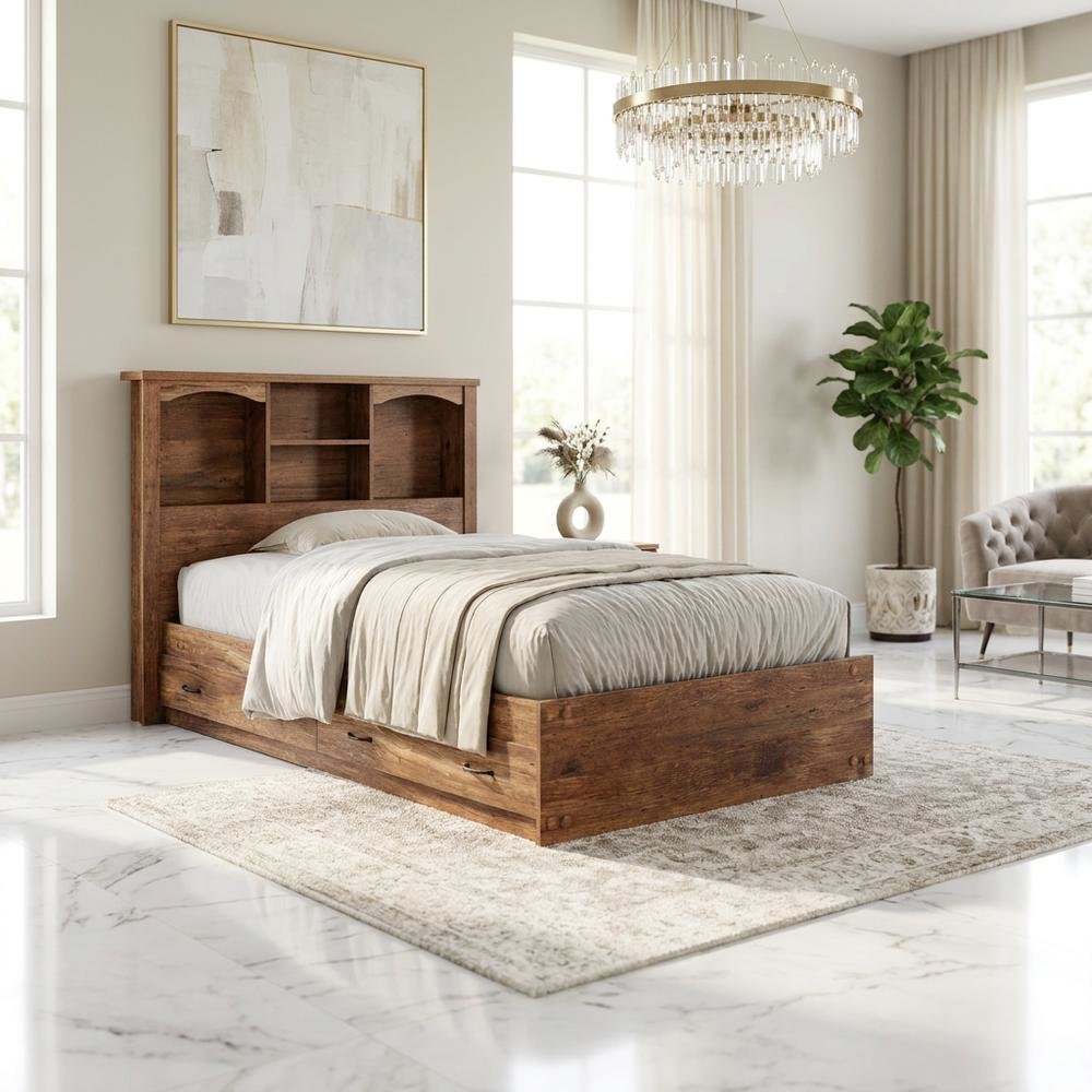 Laminate Platform Bed with Bookcase Headboard, Twin Bed Frame with Storage. Picture 2