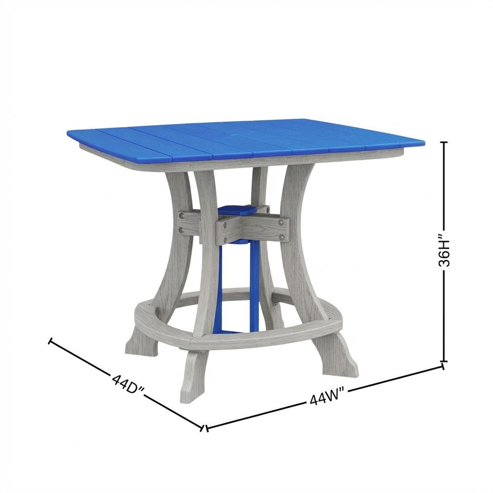 Blue Outdoor Counter Height Square Table, White Base, Polyethylene Construction. Picture 7