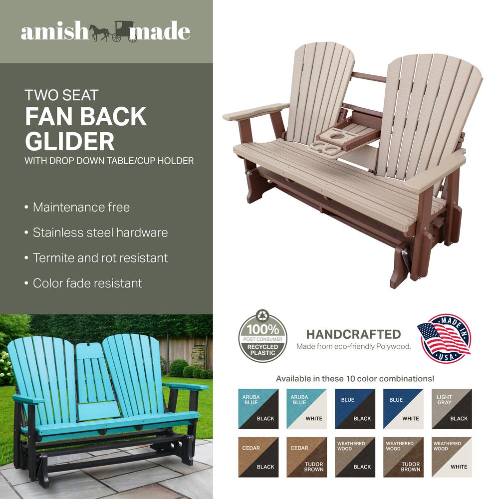 Two Seat Fan Back Glider with Drop Down Table/Cup Holder in Weatherwood. Picture 4