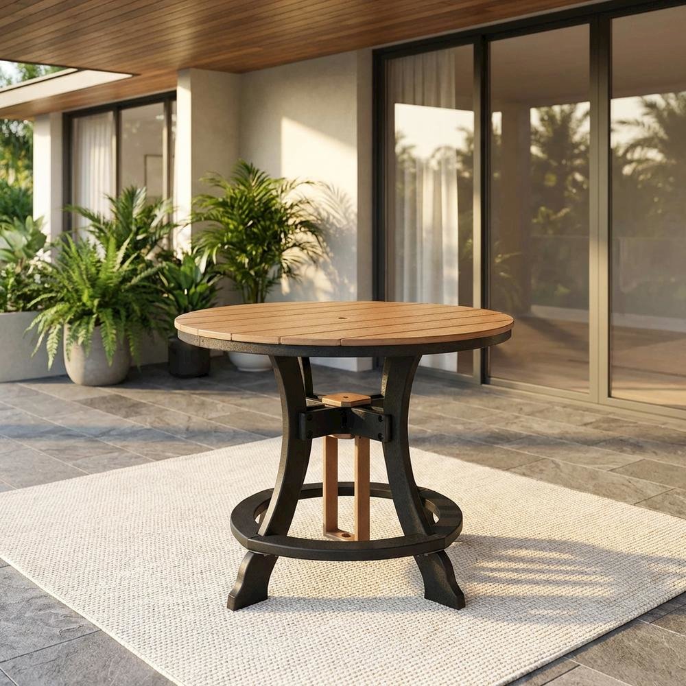Round Cedar Outdoor Dining Table With Black Base, 44 Inches Wide. Picture 2