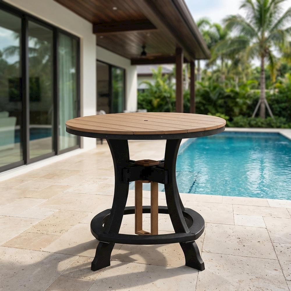 Round Cedar Outdoor Dining Table With Black Base, 44 Inches Wide. Picture 3