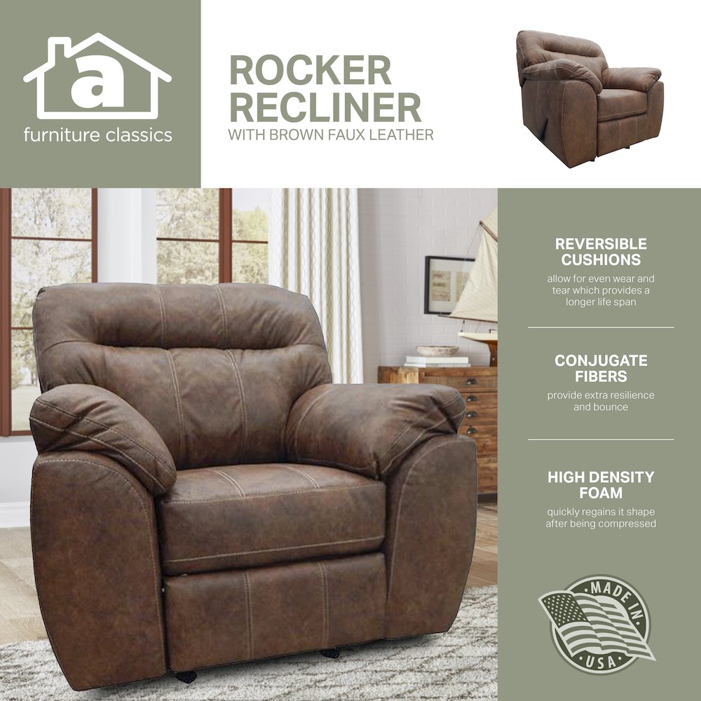 Rocker Recliner Chair in Brown Faux Leather. Picture 6