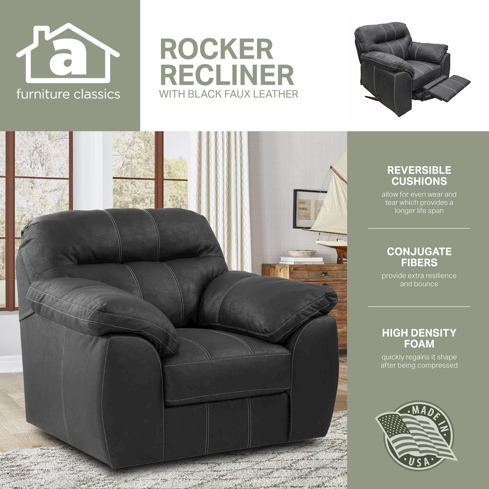 Rocker Recliner Chair in Black Faux Leather. Picture 6