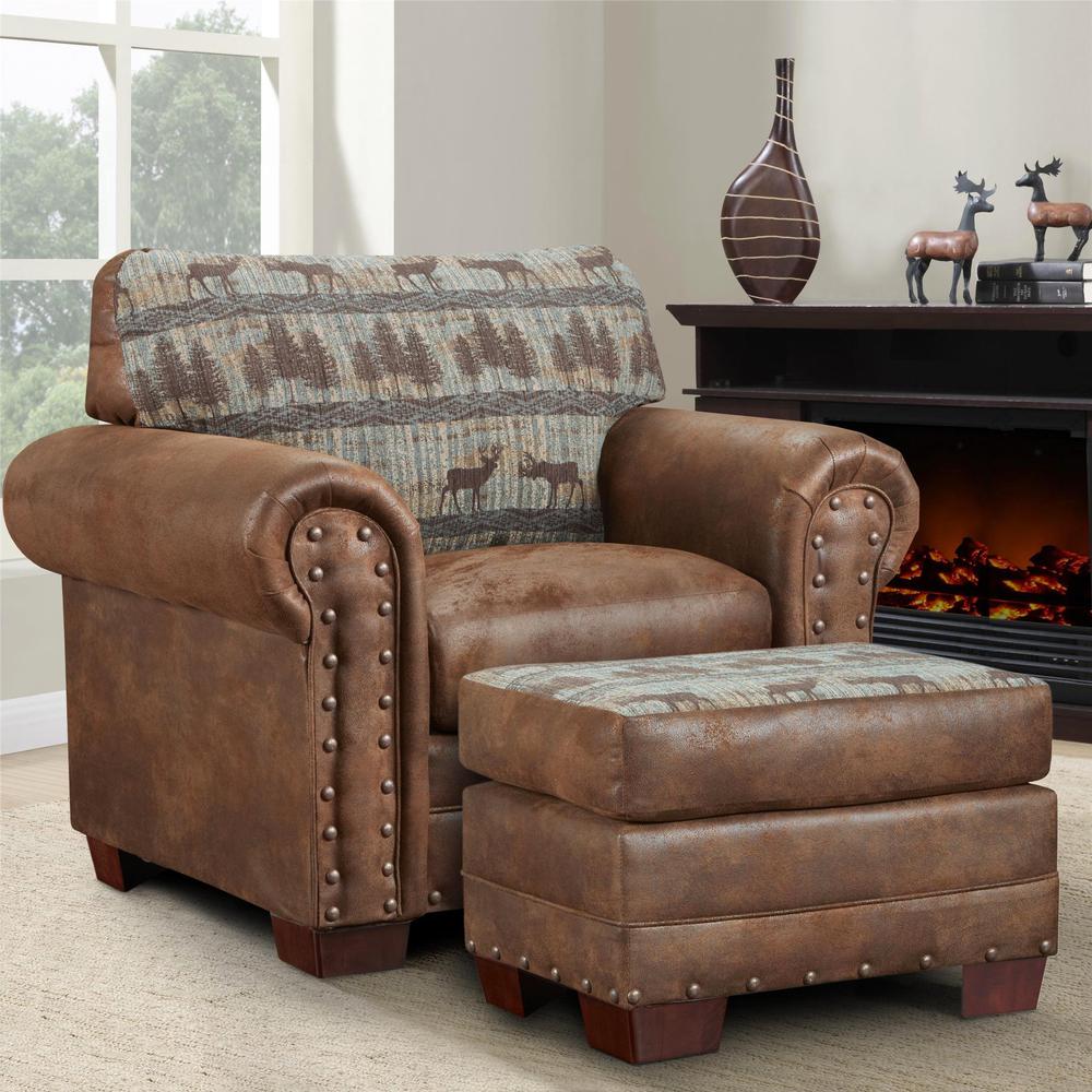Deer Teal Tapestry Lodge Arm Chair with Matching Ottoman. Picture 6