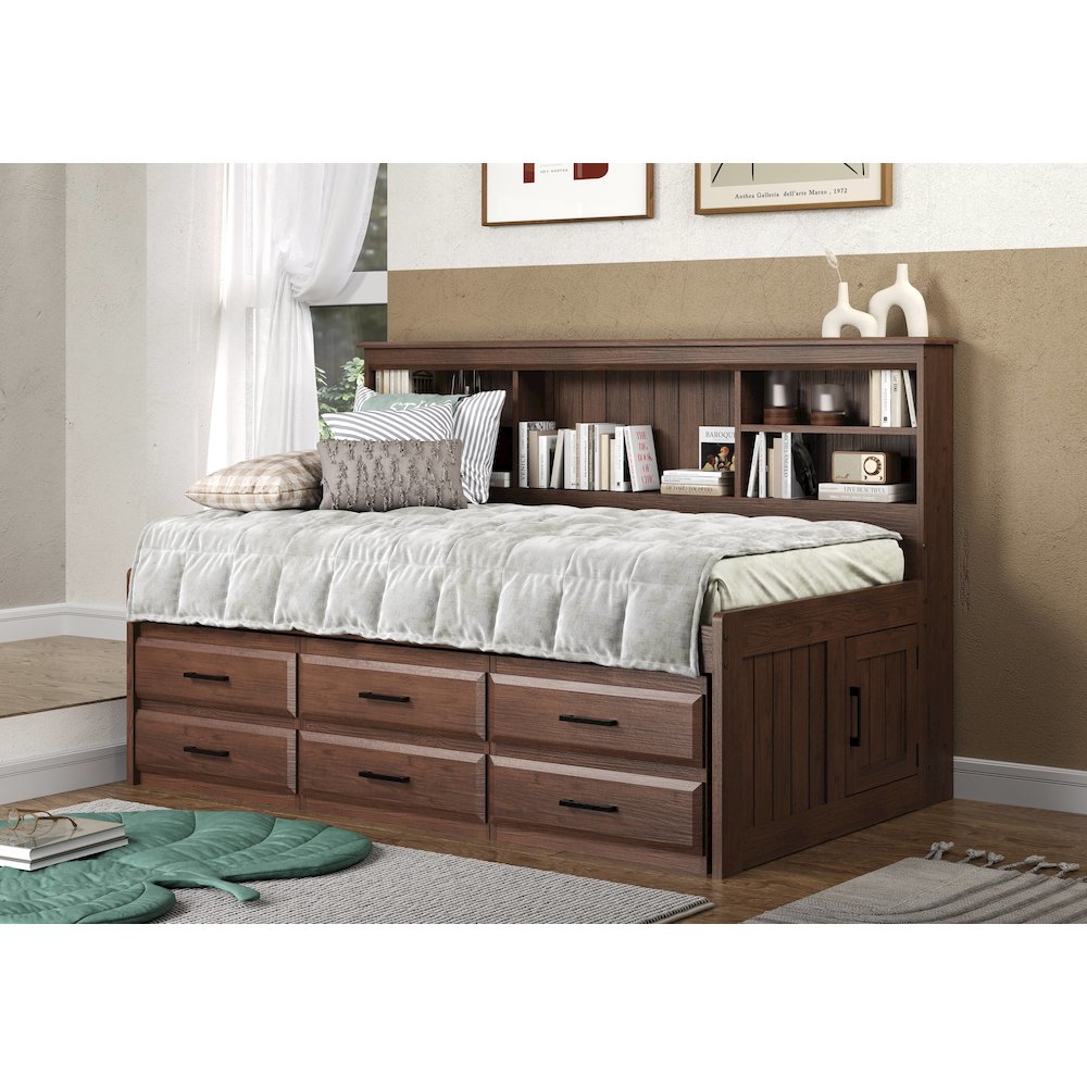 Solid Pine Twin Daybed with 6 Sturdy Drawers in Classic Walnut. Picture 2