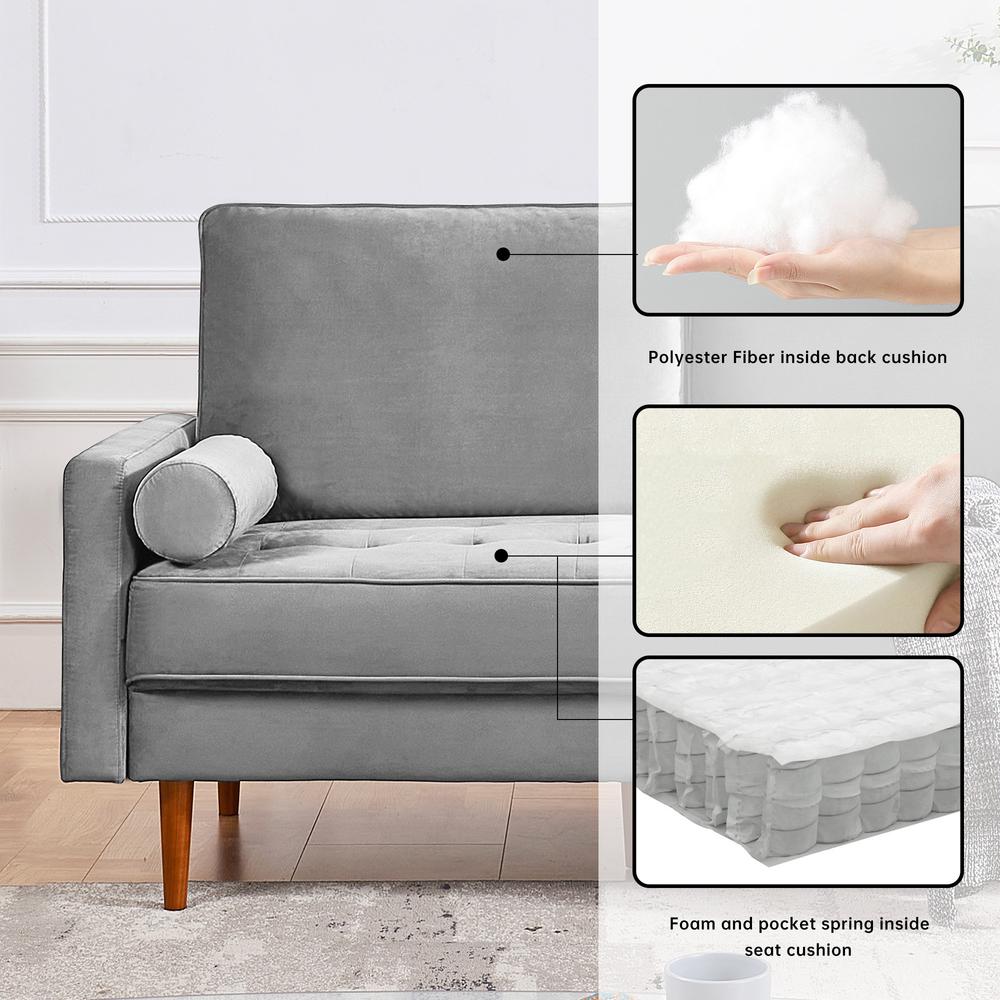 69 Inch Wide Upholstered Two Cushion Sofa with Bolster Pillows in Grey Velvet. Picture 5
