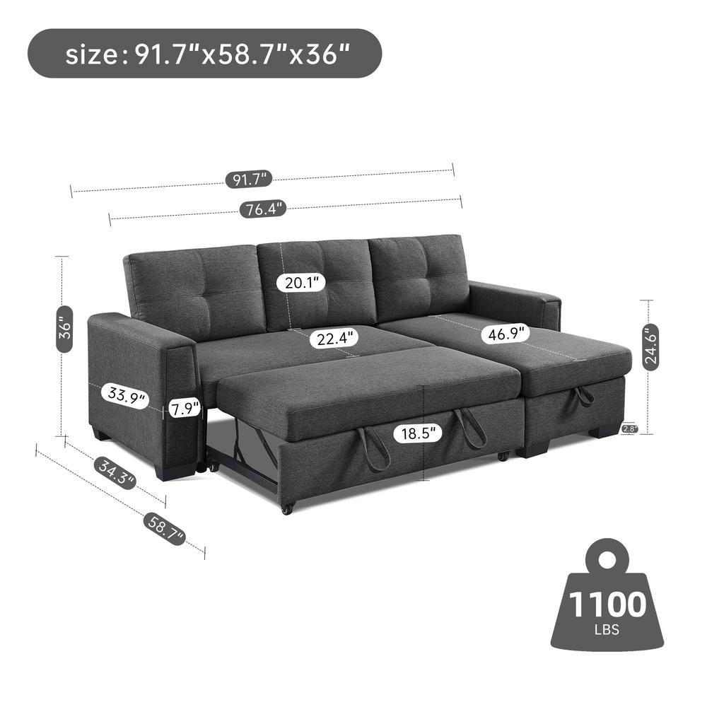 Tufted Sectional Chaise Sofa Sleeper with Storage in Dark Grey. Picture 4