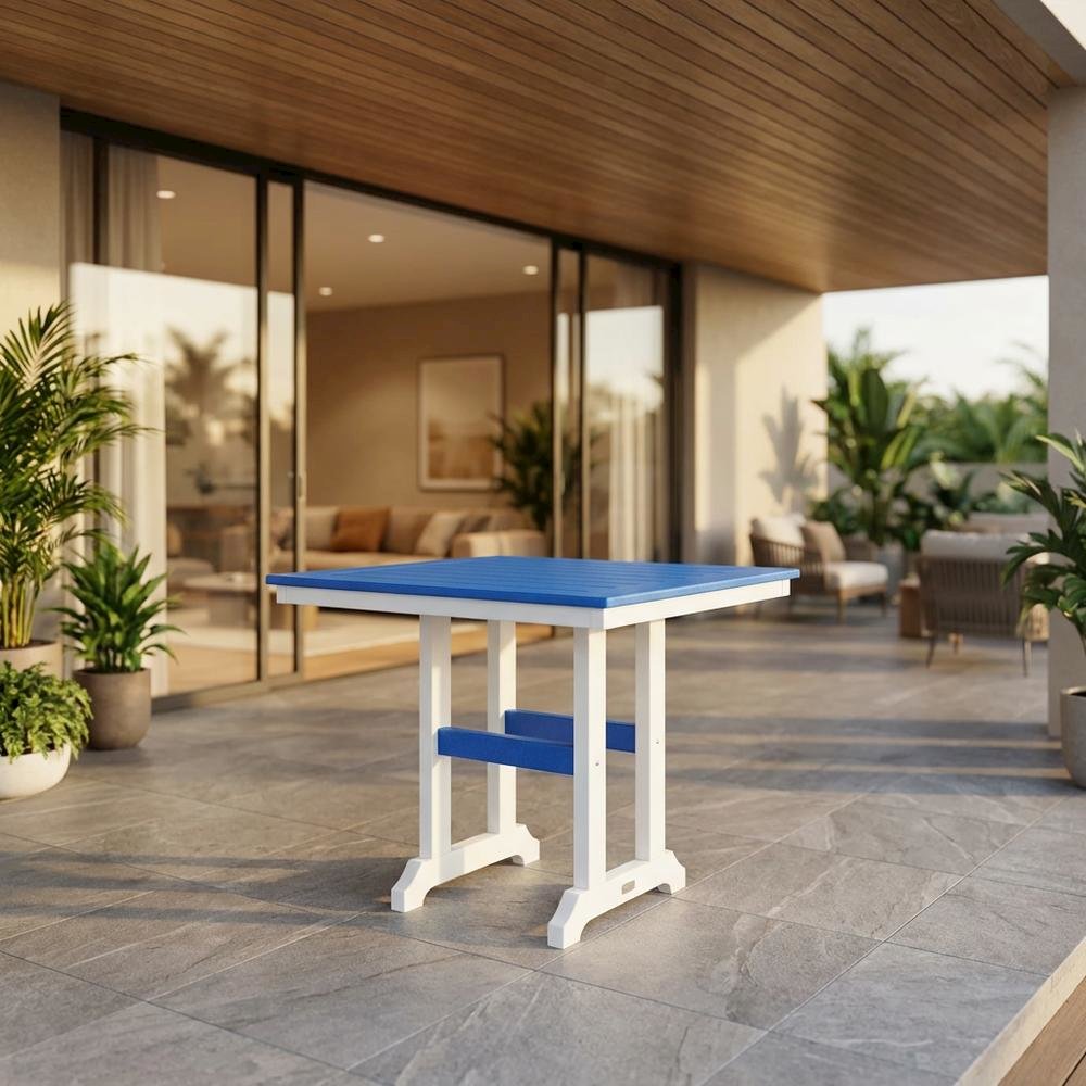 Blue Outdoor Counter Height Square Table, White Base, Polyethylene Construction. Picture 2