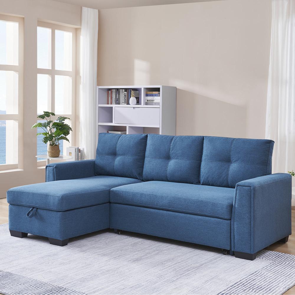 Tufted Sectional Chaise Sofa Sleeper with Storage in Blue. Picture 14