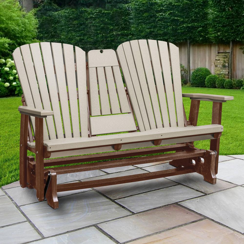 Two Seat Fan Back Glider with Drop Down Table/Cup Holder in Weatherwood. Picture 2