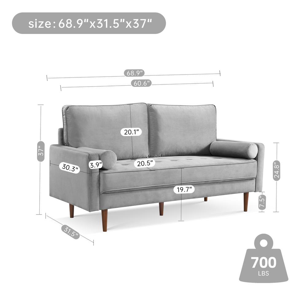 69 Inch Wide Upholstered Two Cushion Sofa with Bolster Pillows in Grey Velvet. Picture 3
