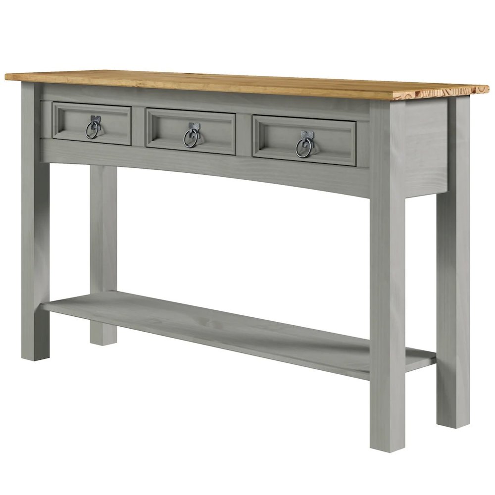 Wood Three Drawer Hall Table Console in Corona Gray. Picture 1