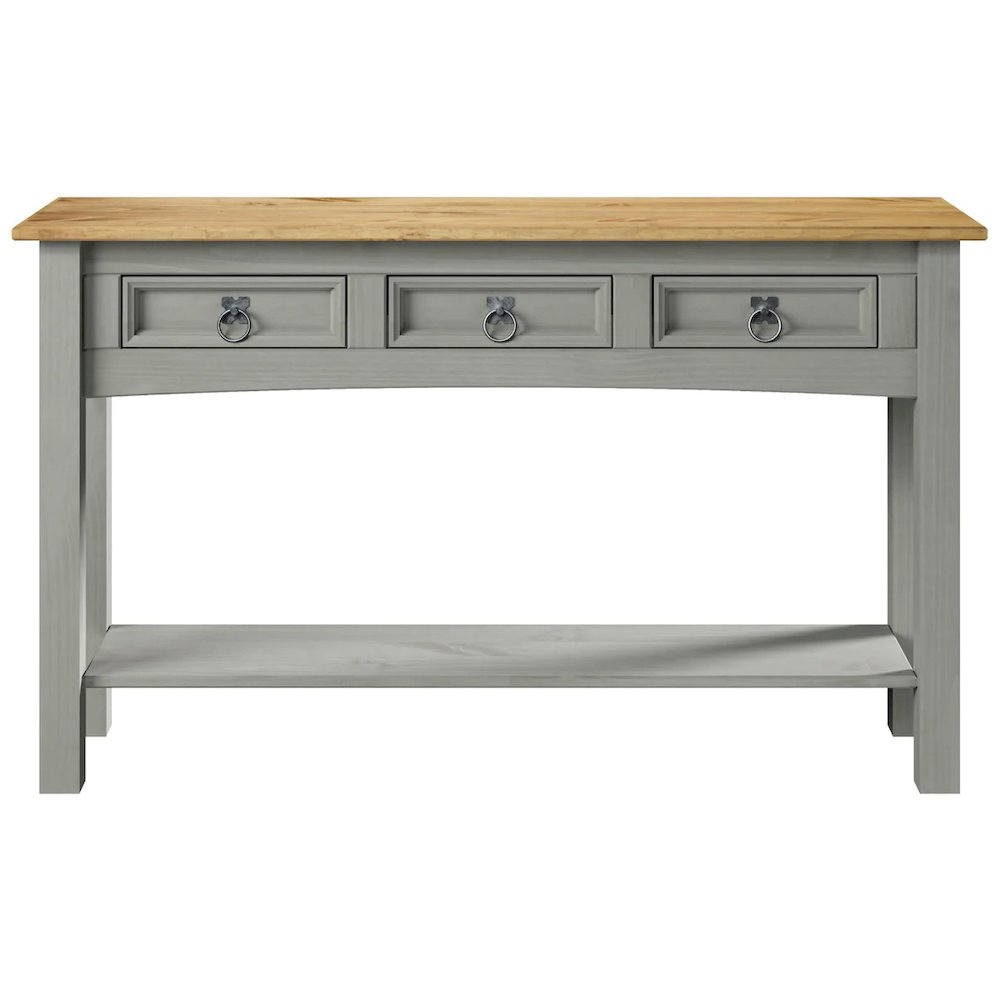 Wood Three Drawer Hall Table Console in Corona Gray. Picture 2