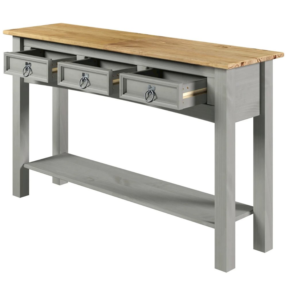 Wood Three Drawer Hall Table Console in Corona Gray. Picture 3