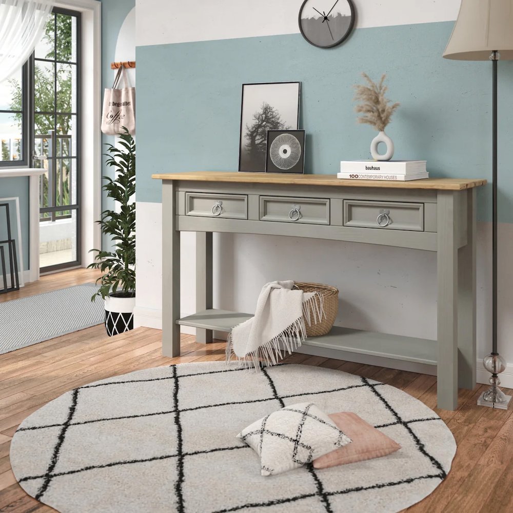 Wood Three Drawer Hall Table Console in Corona Gray. Picture 7