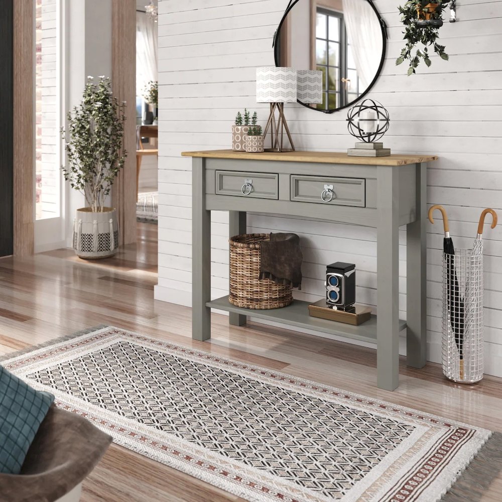 Solid Wood Two Drawer Hall Table in Corona Gray. Picture 7