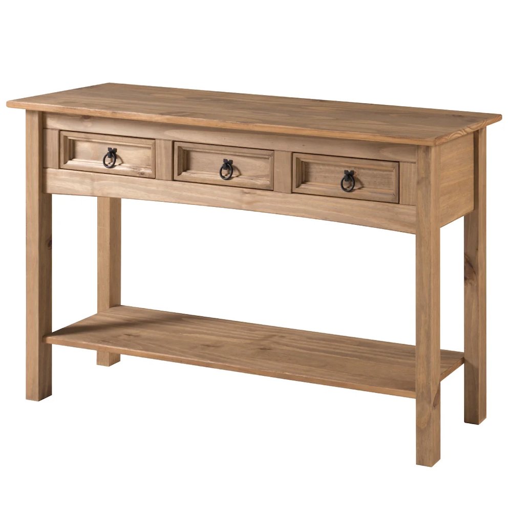 Wood Three Drawer Hall Table Console in Corona Brown. Picture 1