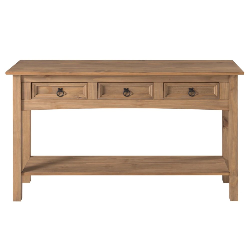 Wood Three Drawer Hall Table Console in Corona Brown. Picture 3