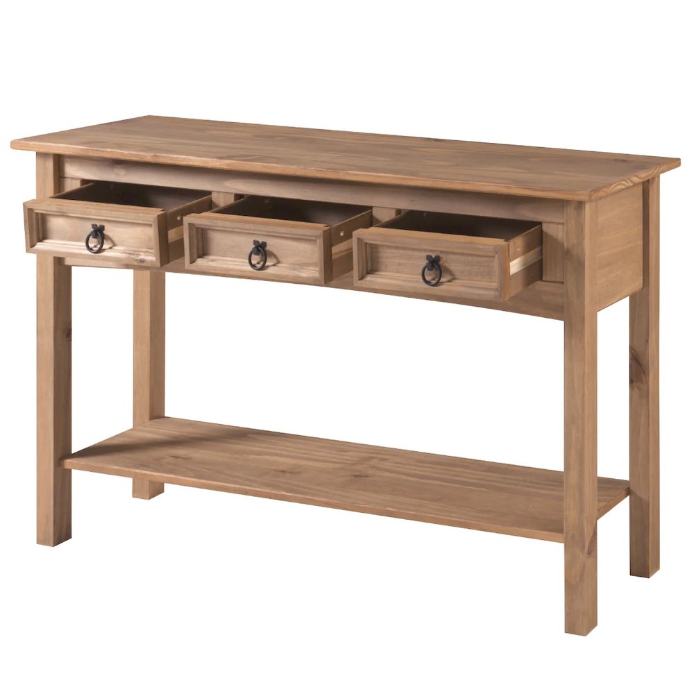 Wood Three Drawer Hall Table Console in Corona Brown. Picture 4