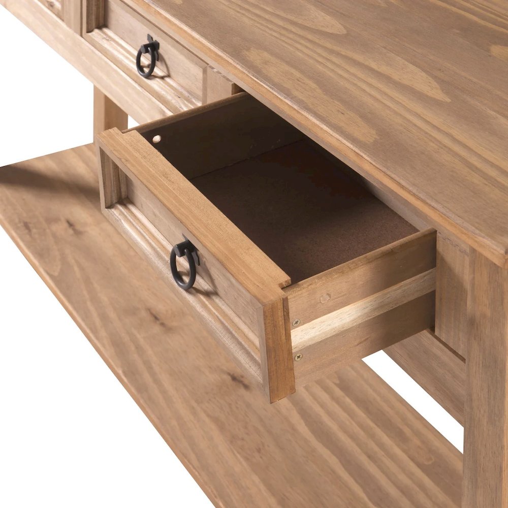 Wood Three Drawer Hall Table Console in Corona Brown. Picture 6