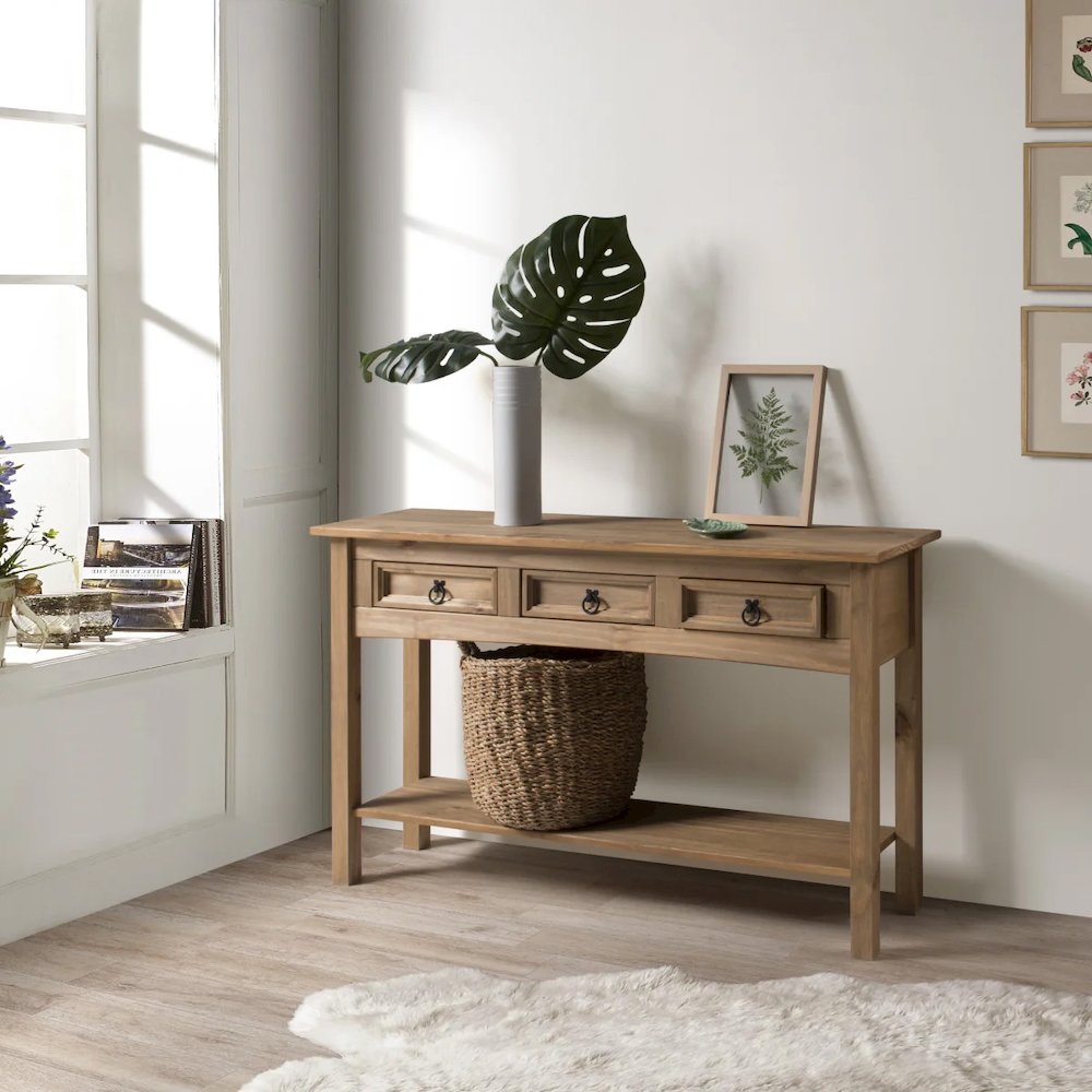 Wood Three Drawer Hall Table Console in Corona Brown. Picture 7