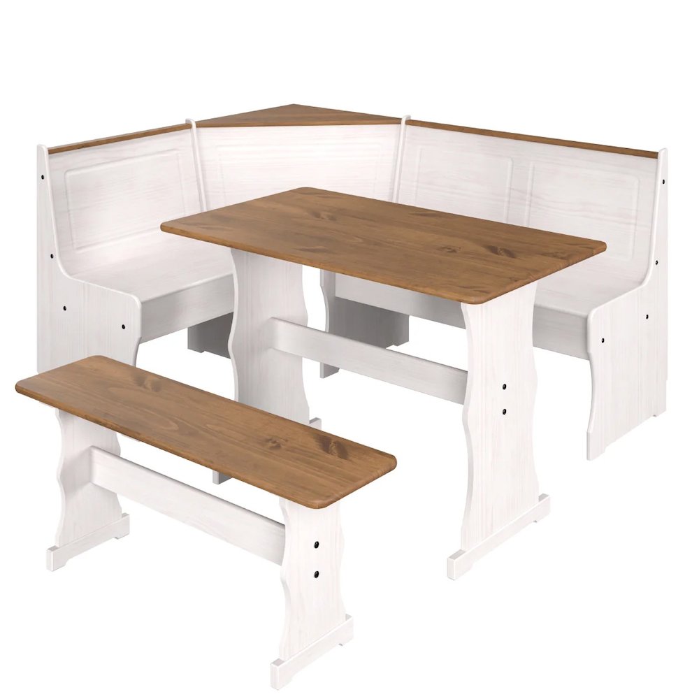 Solid Pine Corner Dining Booth in Distressed White. Picture 1