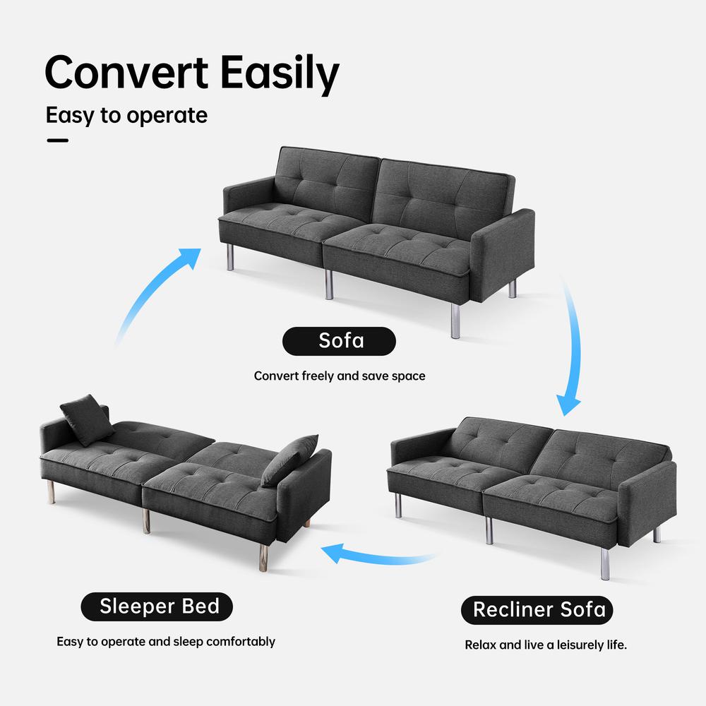 Tufted Futon Convertible Sofa Sleeper with Two Throw Pillows. Picture 4