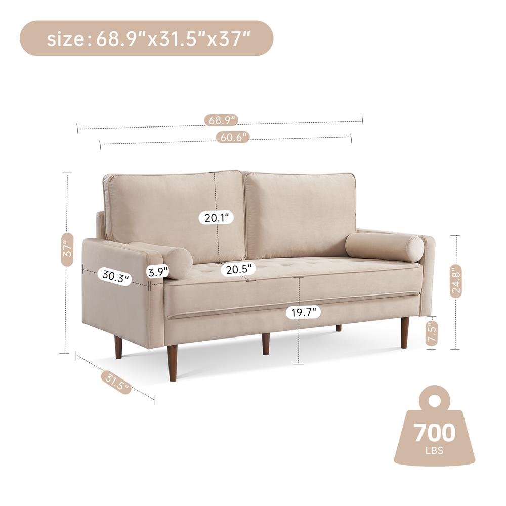 69 Inch Wide Upholstered Two Cushion Sofa with Bolster Pillows. Picture 2