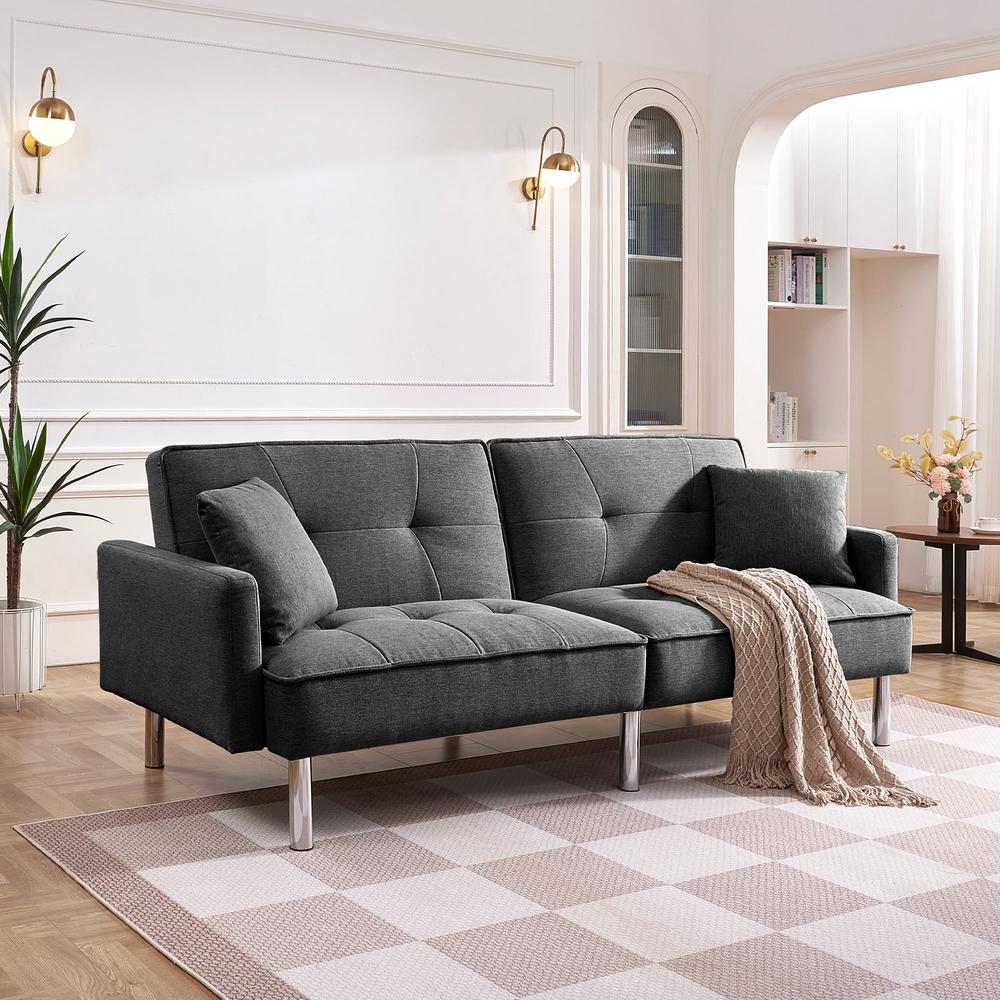 Tufted Futon Convertible Sofa Sleeper with Two Throw Pillows. Picture 14