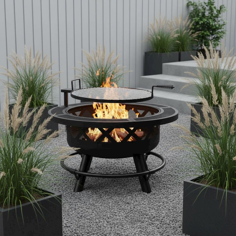 32-Inch Roundup Fire Pit, Black, Adjustable Cooking Shelf. Picture 4