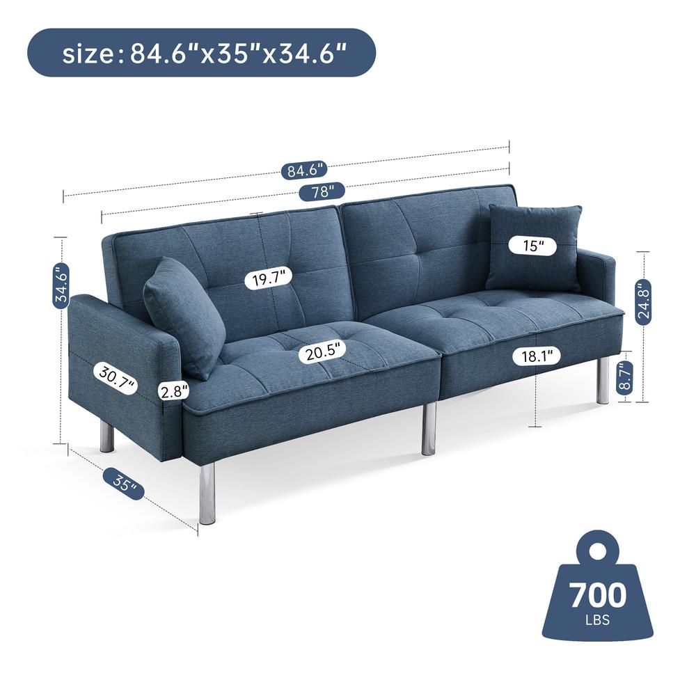 Tufted Futon Convertible Sofa Sleeper with Two Throw Pillows. Picture 2